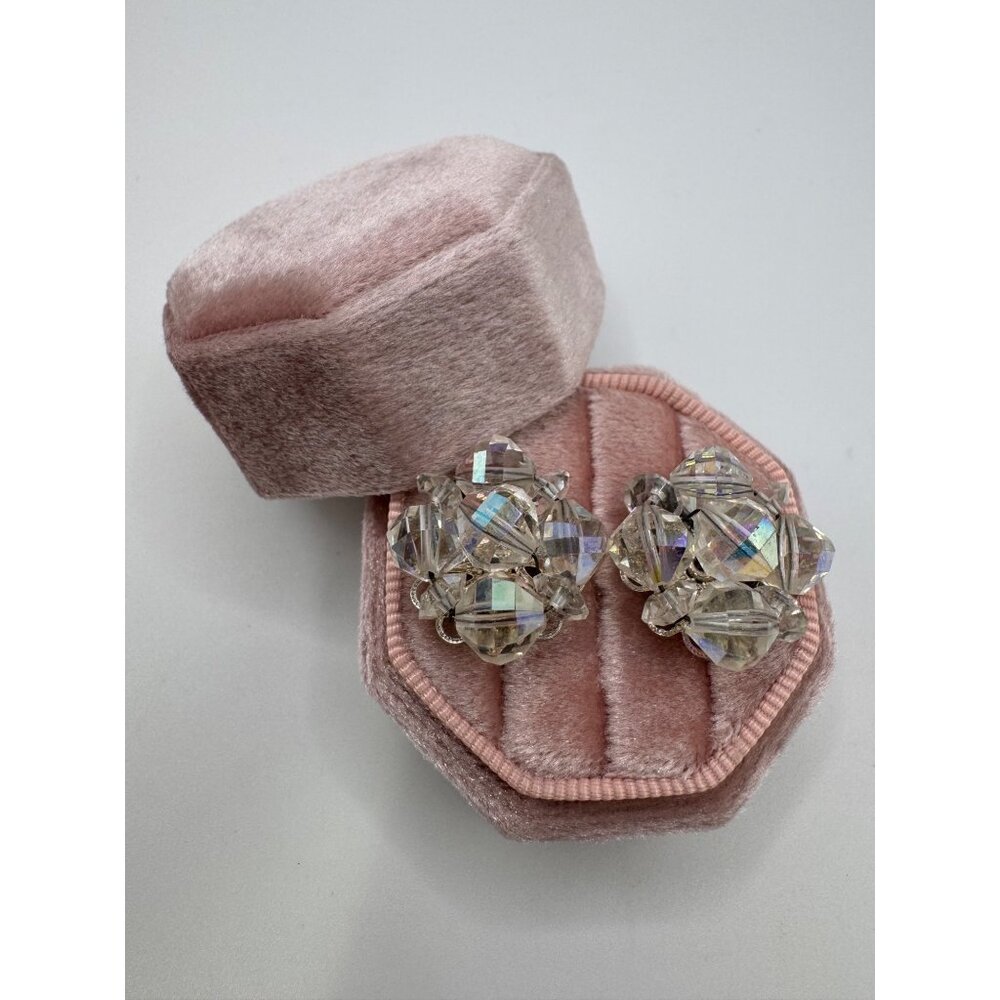 Signed Laguna Crystal Cluster Clip On Earrings - AB Faceted Glass - Vintage